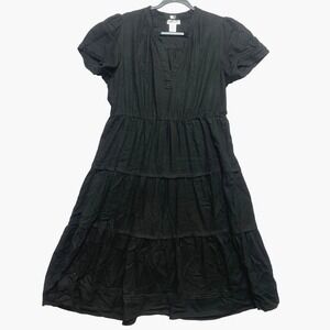 Cynthia Rowley Midi Dress Womens Large Black Short Sleeve Tiered Linen